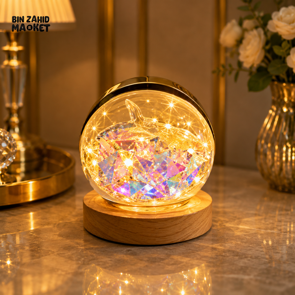DECORATIVE CRYSTAL GLASS GLOBE LED TABLE LAMP WITH WOODEN BASE