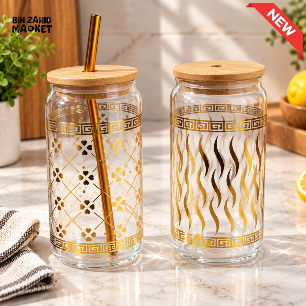 DECORATIVE GLASS TUMBLER SET WITH BAMBOO LIDS AND STRAW