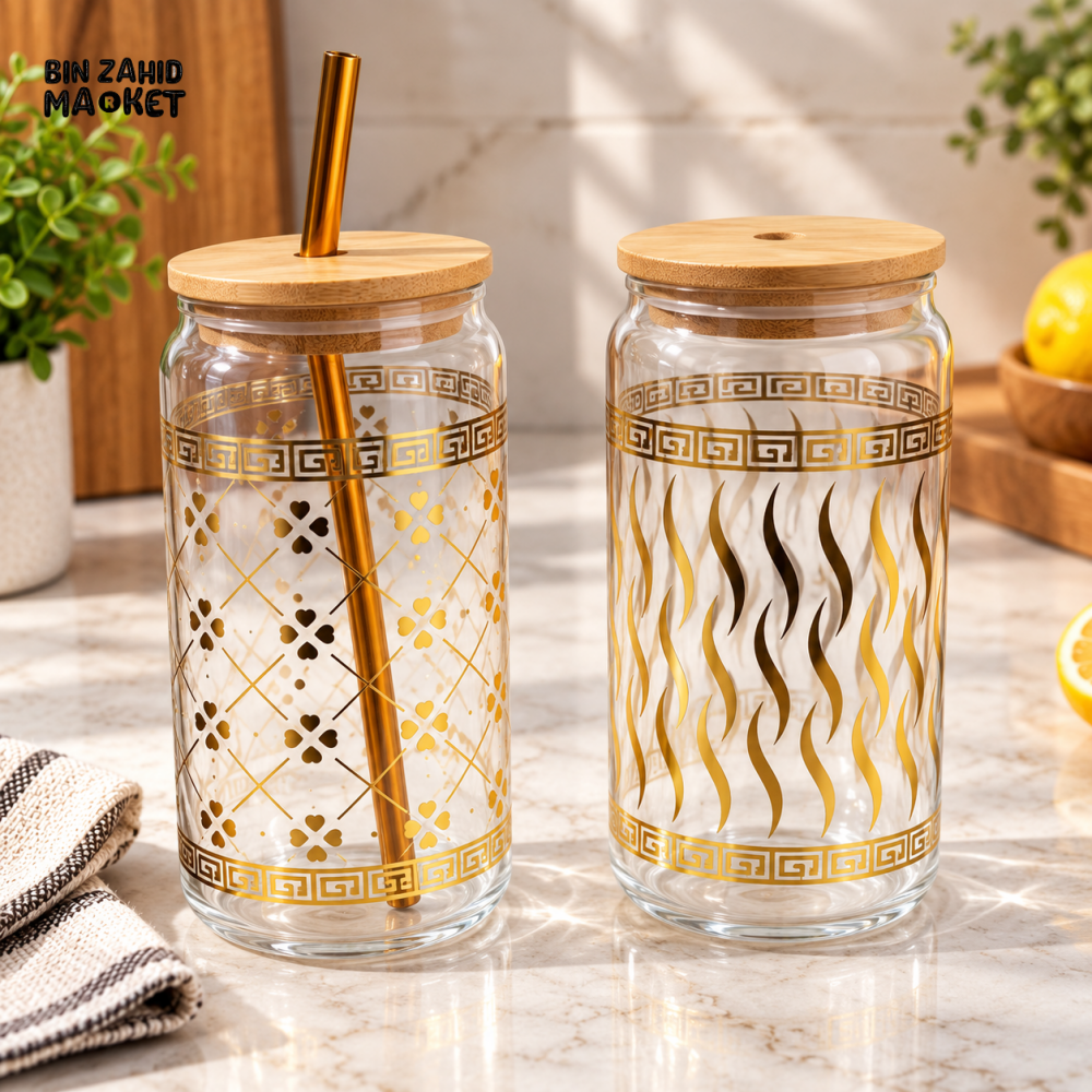 DECORATIVE GLASS TUMBLER SET WITH BAMBOO LIDS AND STRAW