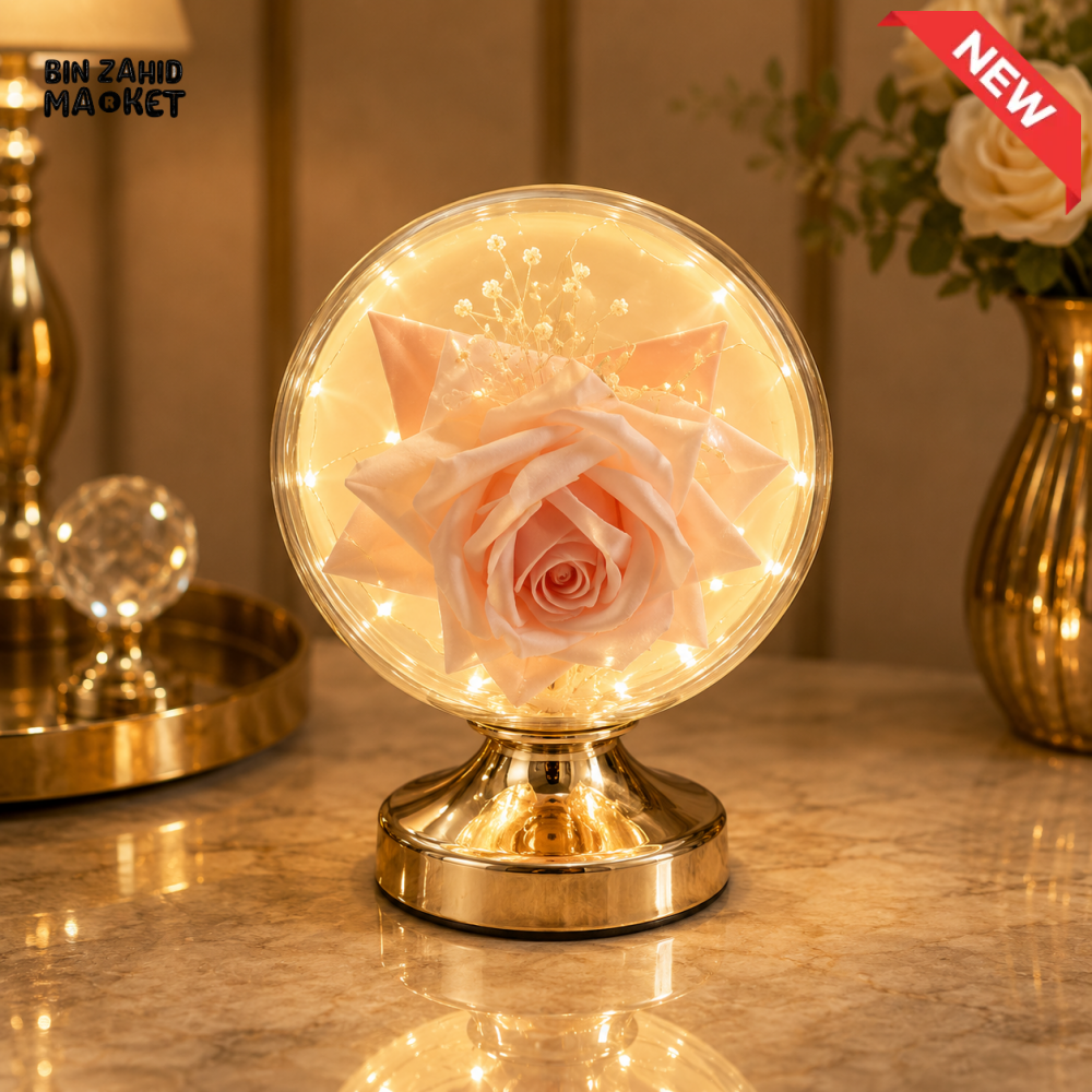 DECORATIVE PINK ROSE GLASS GLOBE LED TABLE LAMP WITH GOLD BASE