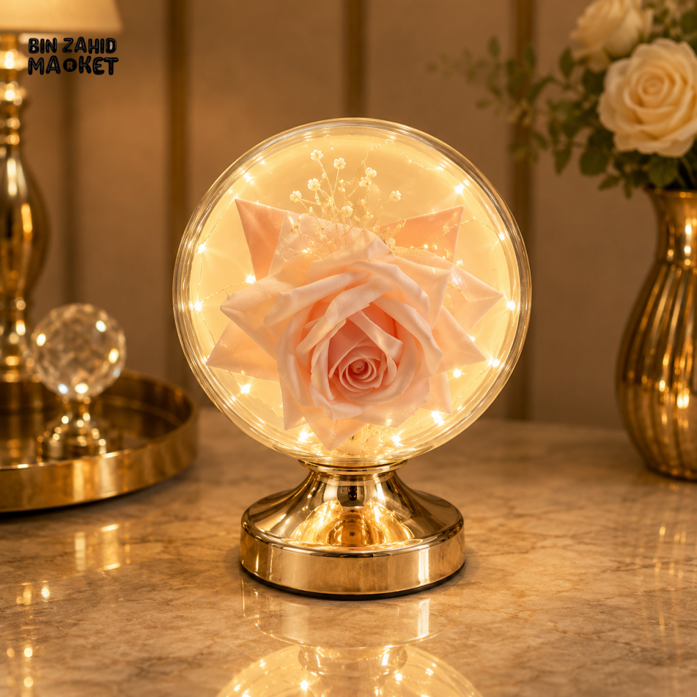 DECORATIVE PINK ROSE GLASS GLOBE LED TABLE LAMP WITH GOLD BASE
