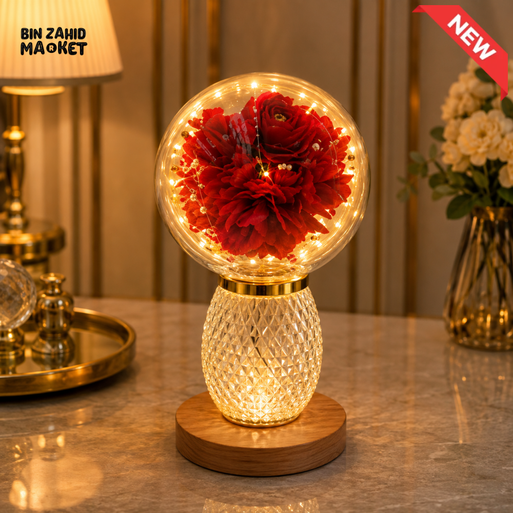 DECORATIVE RED FLOWER GLASS GLOBE LED TABLE LAMP WITH CRYSTAL BASE