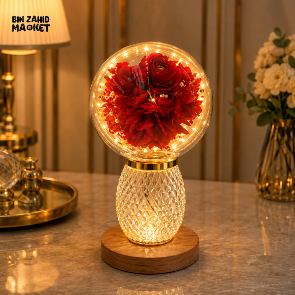 DECORATIVE RED FLOWER GLASS GLOBE LED TABLE LAMP WITH CRYSTAL BASE