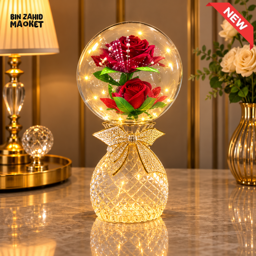 DECORATIVE RED ROSE GLASS GLOBE LED TABLE LAMP