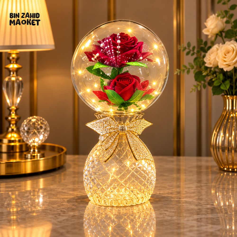 DECORATIVE RED ROSE GLASS GLOBE LED TABLE LAMP
