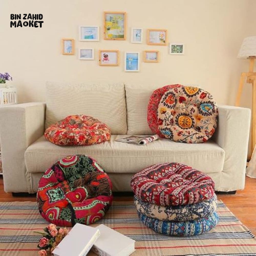 DECORATIVE ROUND FLOOR PILLOW – VIBRANT HANDMADE CUSHION FOR COZY SPACES