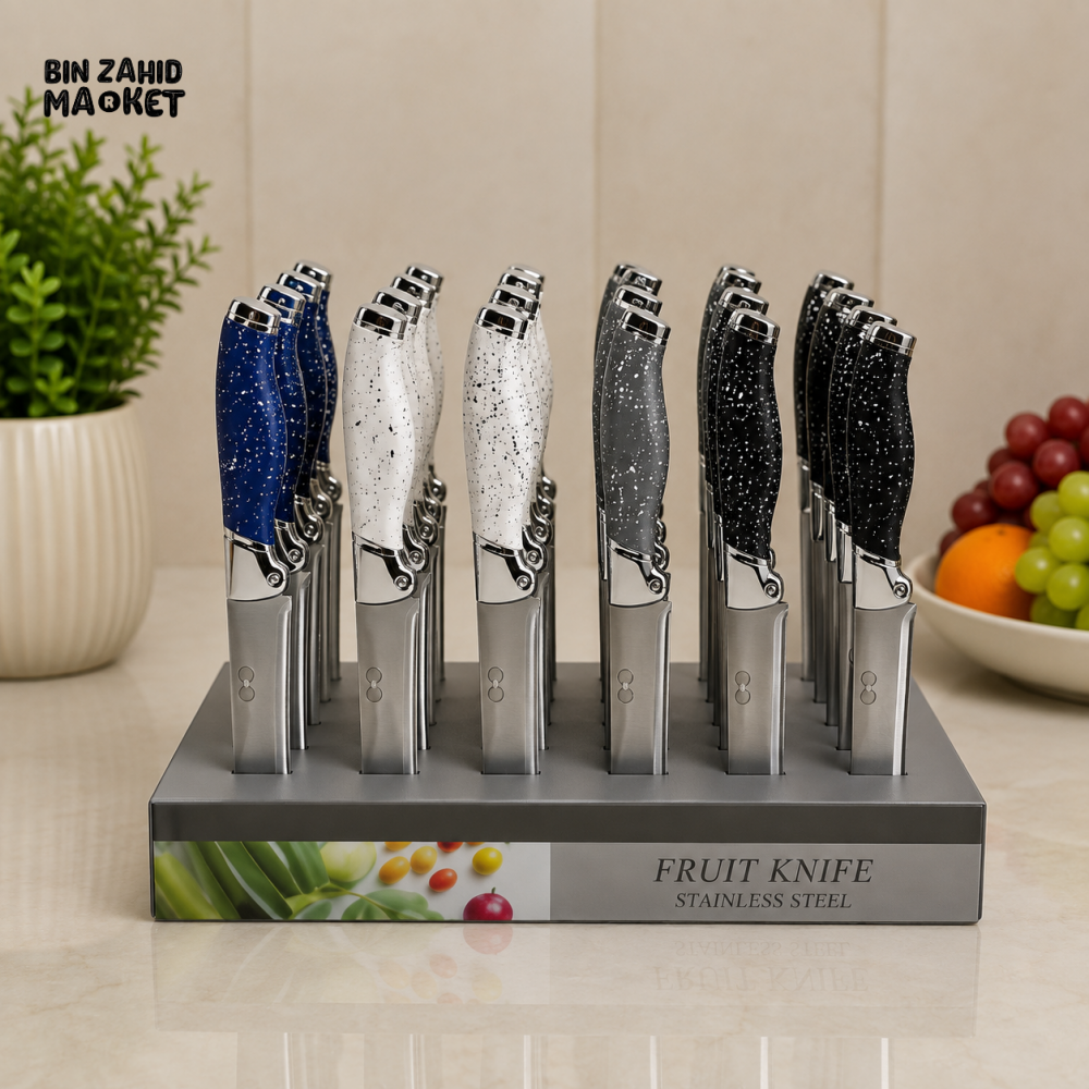 DECORATIVE STAINLESS STEEL FRUIT KNIFE WITH COUNTERTOP DISPLAY STAND - 1 PIECE