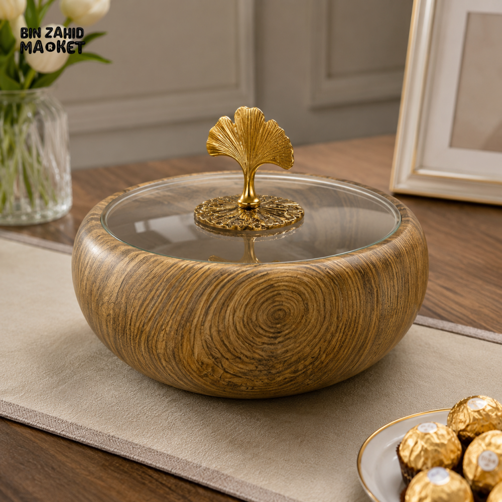 DECORATIVE WOOD GRAIN STORAGE BOWL WITH GLASS LID - Bowls