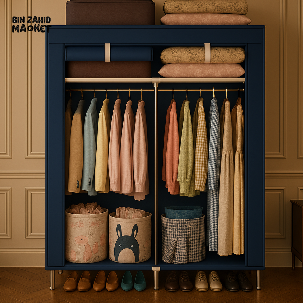DELUXE FABRIC WARDROBE CLOSET – FREESTANDING COVERED CLOTHES ORGANIZER WITH STORAGE BINS & SHOE RACK