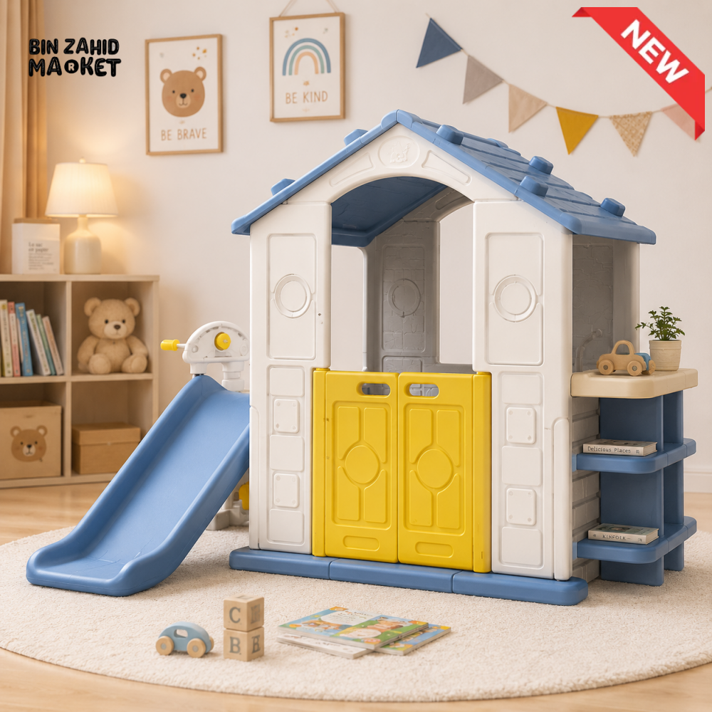 DELUXE KIDS PLAYHOUSE WITH SLIDE AND STORAGE SHELVES