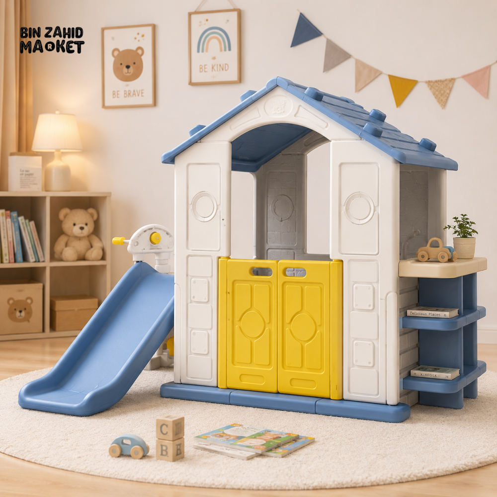 DELUXE KIDS PLAYHOUSE WITH SLIDE AND STORAGE SHELVES