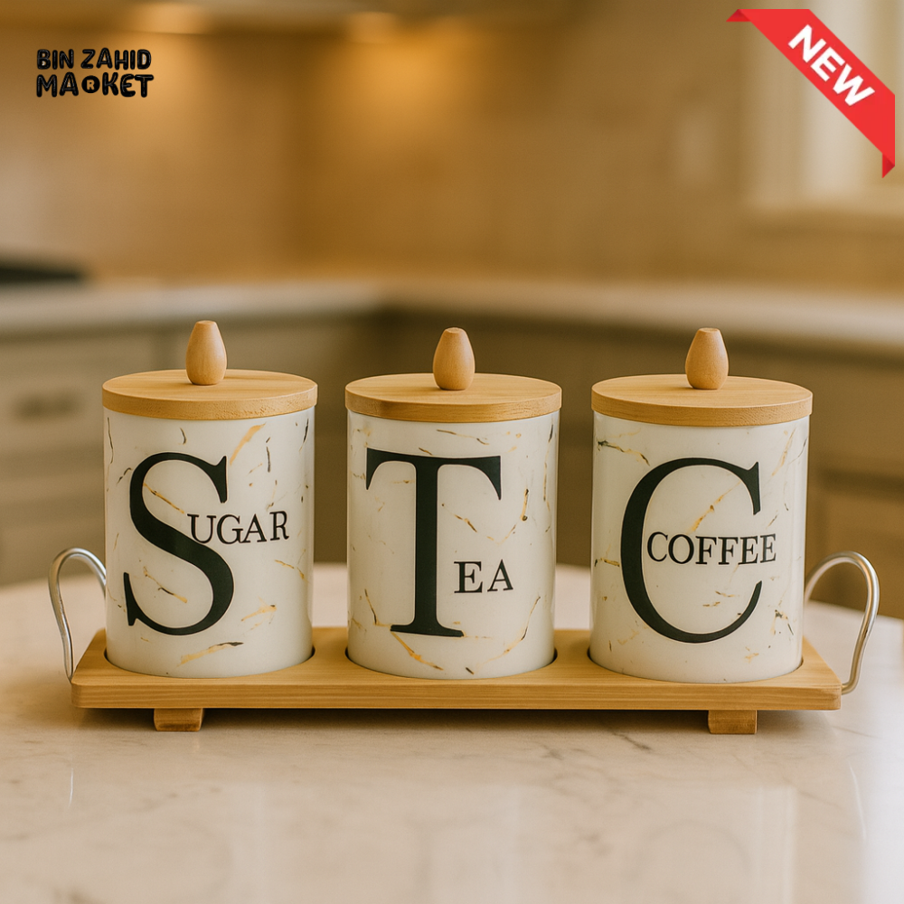 DELUXE SUGAR TEA COFFEE SET – 3 CERAMIC CONTAINERS WITH BAMBOO LIDS & TRAY