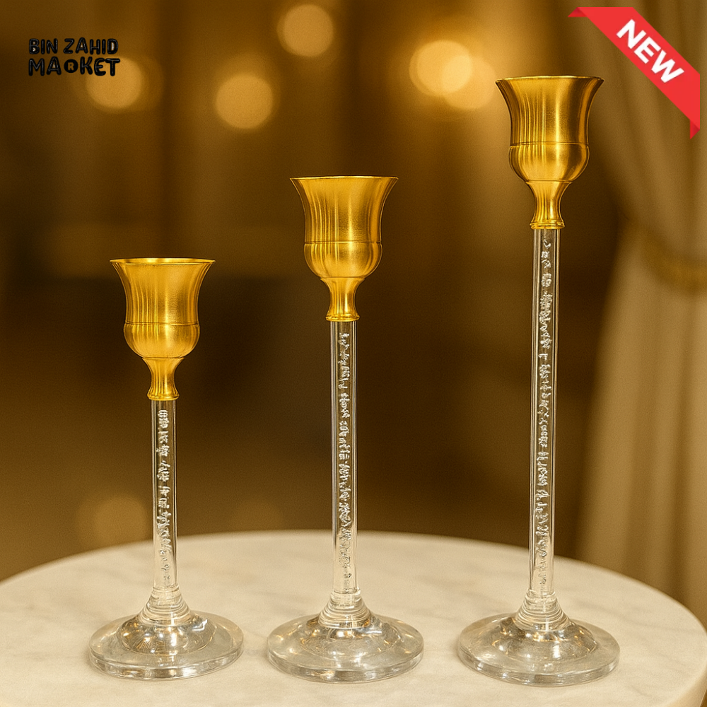 DESIGNER GOLD CANDLESTICK TRIO – GLASS STEMS WITH BUBBLE DETAIL