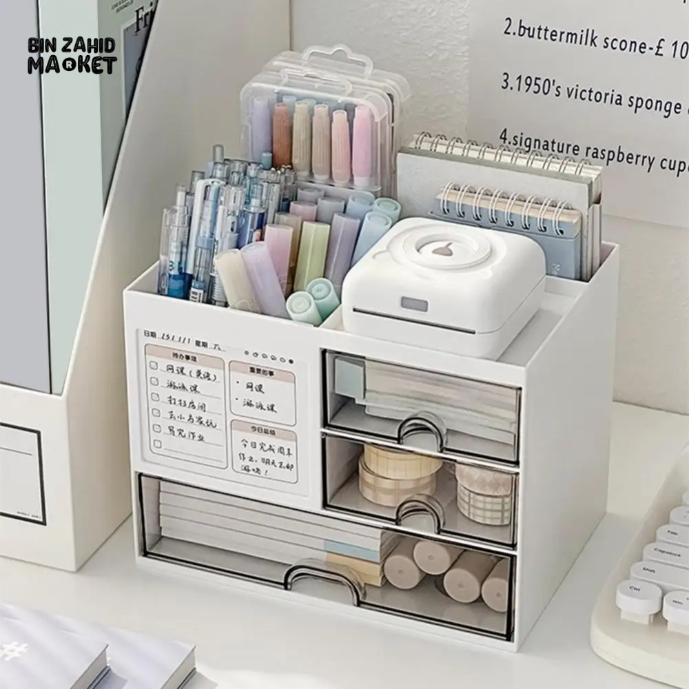 DESKTOP ORGANIZER DRAWER BOX WITH PEN HOLDER STORAGE CASE FOR OFFICE SCHOOL HOME