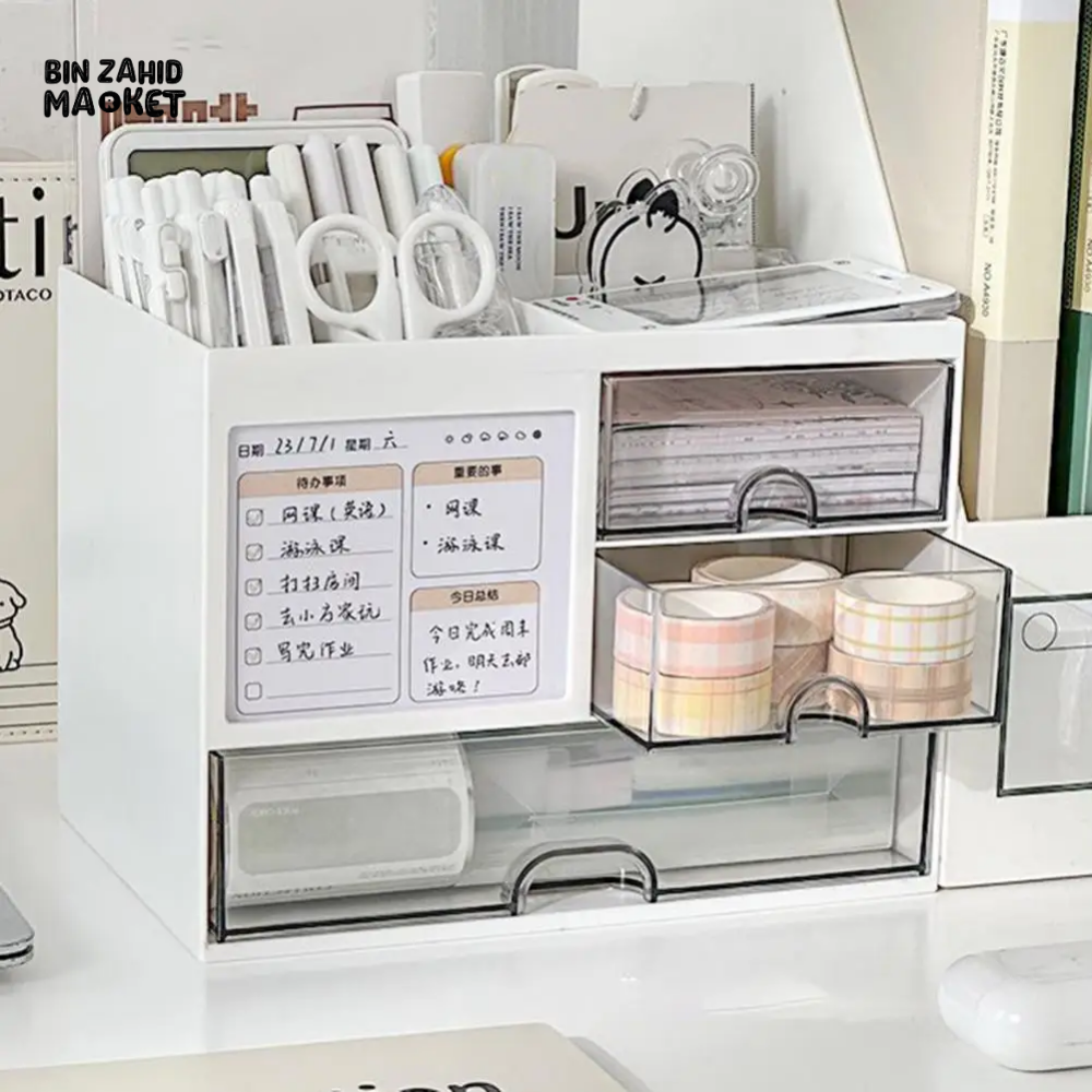 DESKTOP ORGANIZER DRAWER BOX WITH PEN HOLDER STORAGE CASE FOR OFFICE SCHOOL HOME
