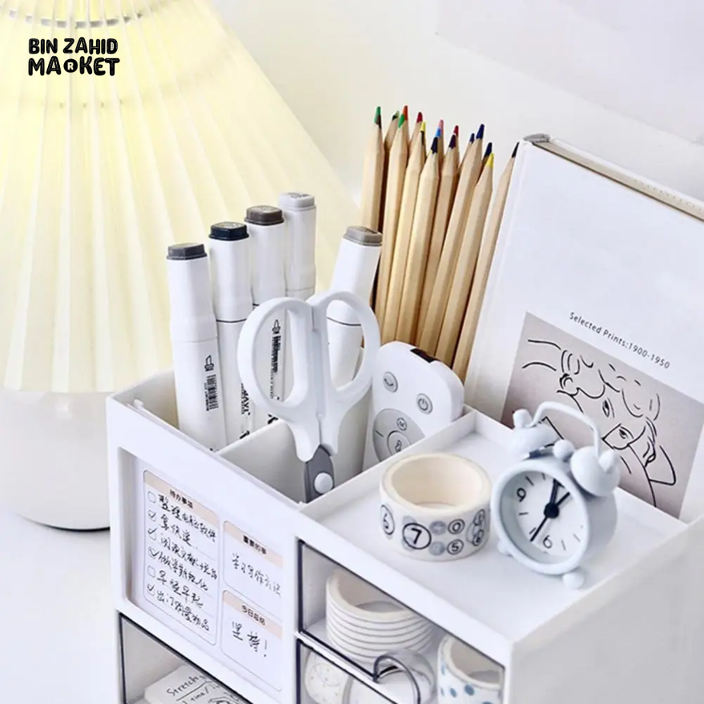 DESKTOP ORGANIZER DRAWER BOX WITH PEN HOLDER STORAGE CASE FOR OFFICE SCHOOL HOME