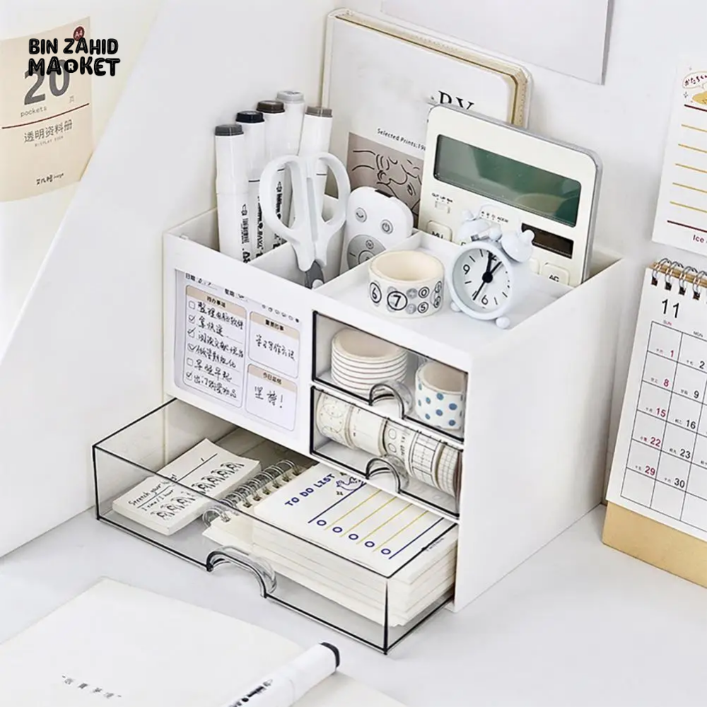 DESKTOP ORGANIZER DRAWER BOX WITH PEN HOLDER STORAGE CASE FOR OFFICE SCHOOL HOME