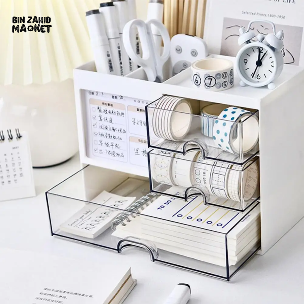 DESKTOP ORGANIZER DRAWER BOX WITH PEN HOLDER STORAGE CASE FOR OFFICE SCHOOL HOME