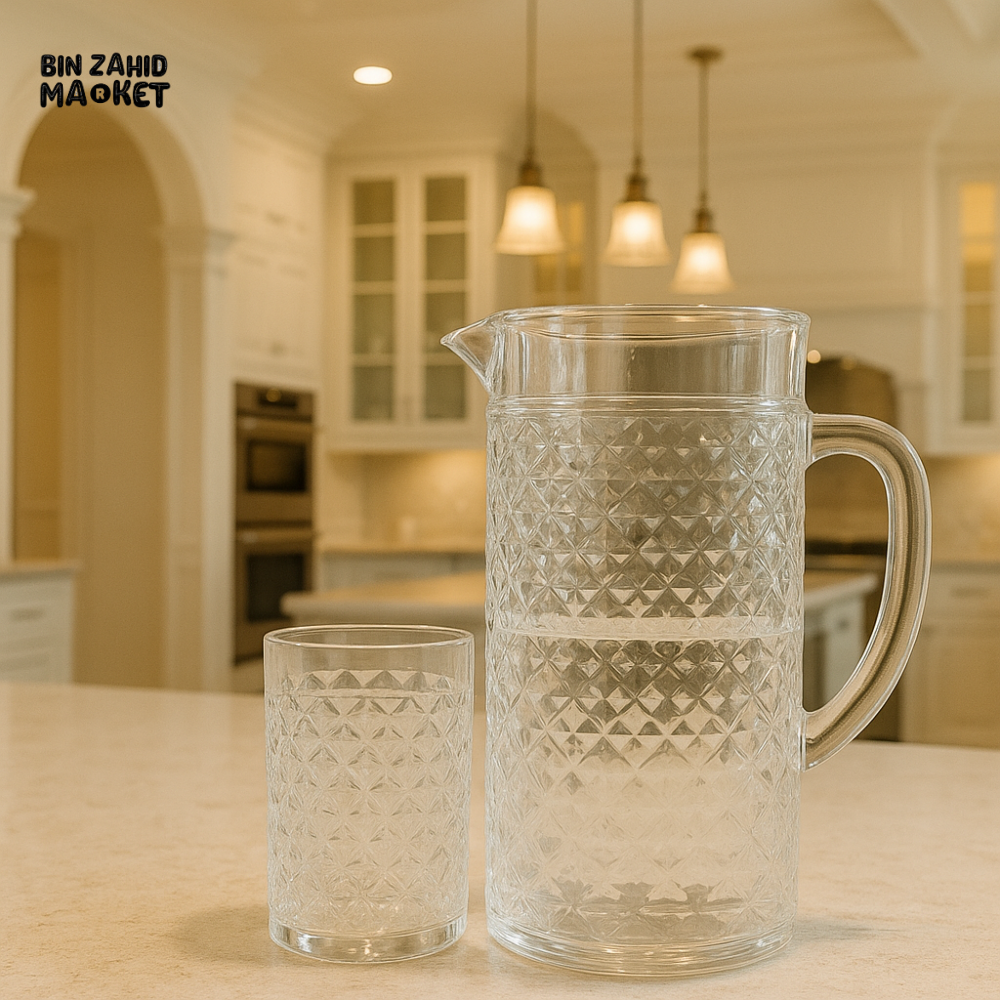 DIAMOND CUT CRYSTAL JUG & GLASS SET – LUXURY WATER SERVER FOR KITCHEN OR DINING USE