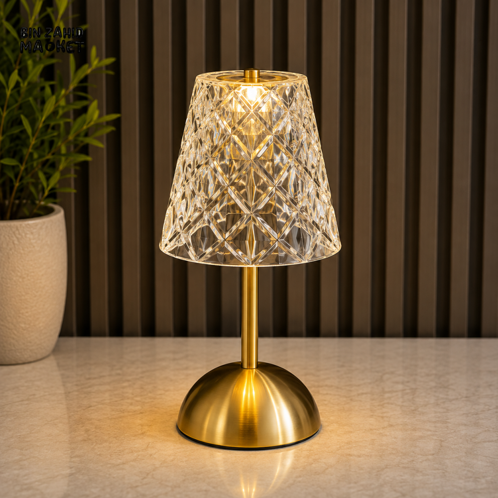 DIAMOND CUT CRYSTAL SHADE LED TABLE LAMP WITH GOLDEN BASE