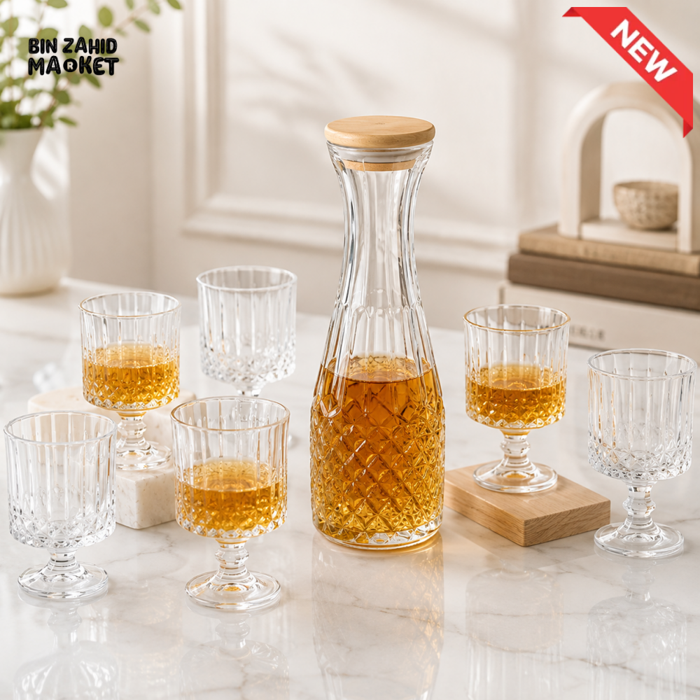 DIAMOND CUT GLASS CARAFE WITH 6 GOBLET GLASSES
