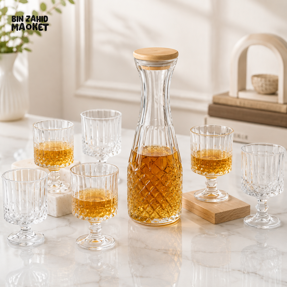 DIAMOND CUT GLASS CARAFE WITH 6 GOBLET GLASSES