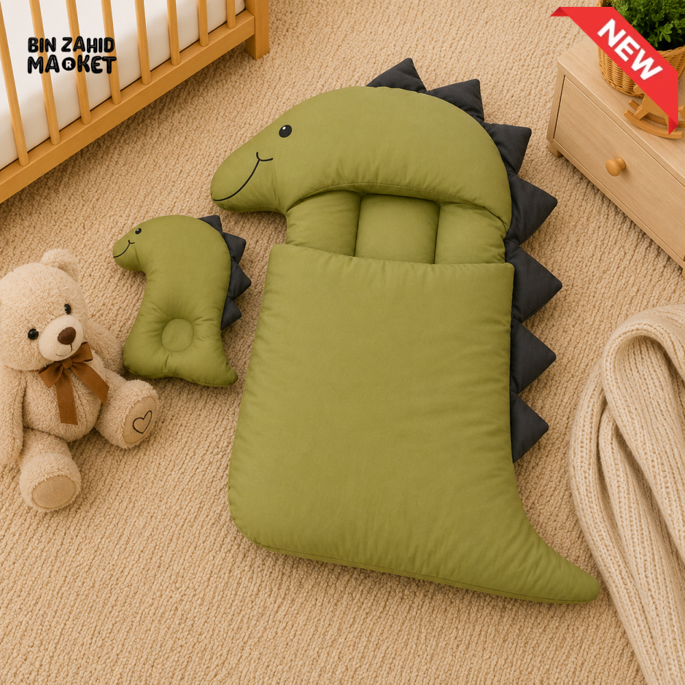 DINOSAUR DESIGN COTTON POLYESTER BABY SLEEPING BAG WITH MATCHING PILLOW - GREEN