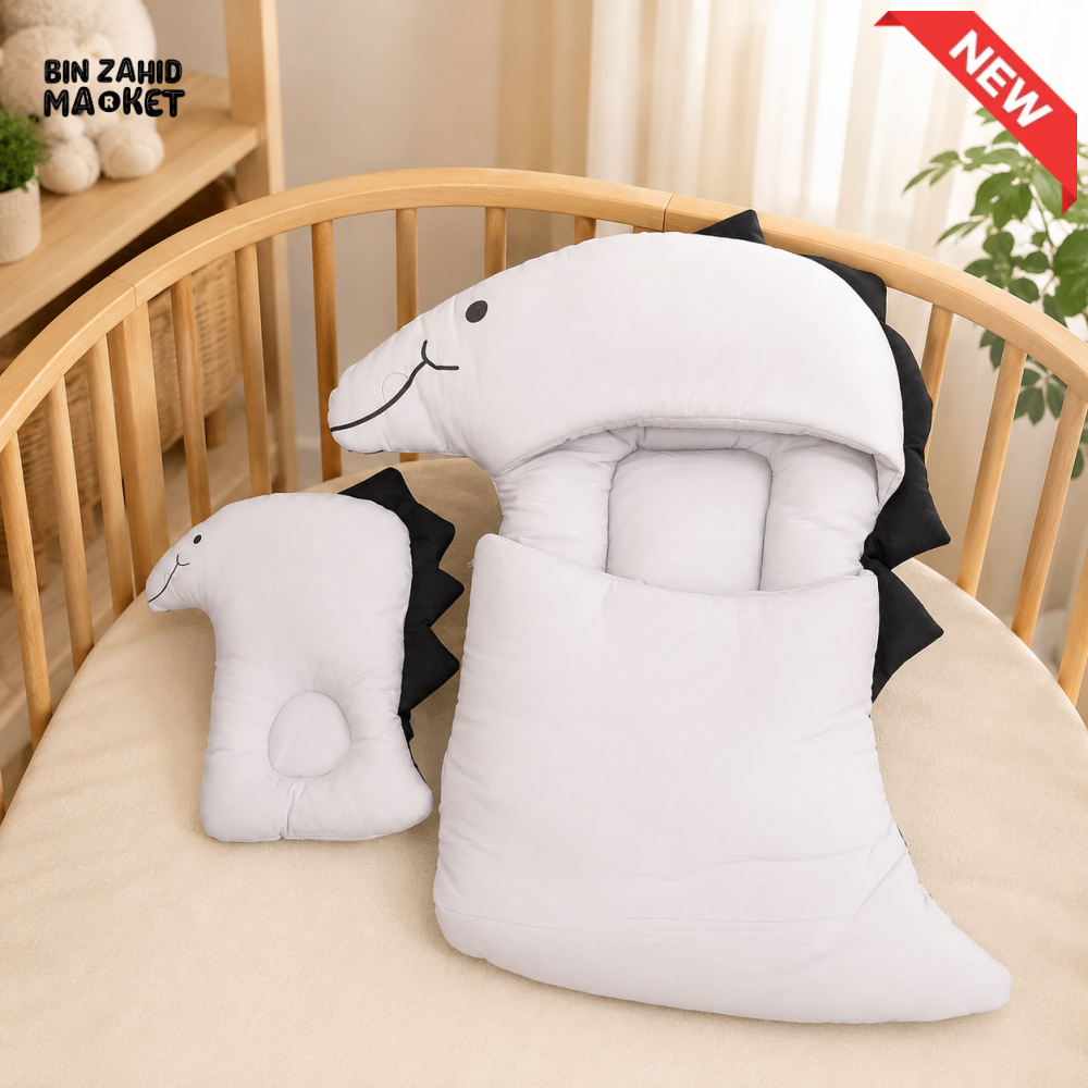 DINOSAUR DESIGN COTTON POLYESTER BABY SLEEPING BAG WITH MATCHING PILLOW - WHITE