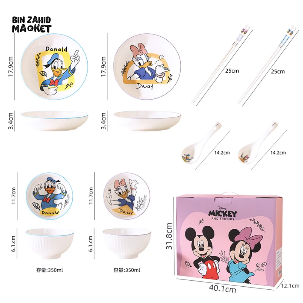 DISNEY 8-PIECS TABLEWARE GIFT SET — INCLUDES CUTE STRIPED BOWLS CHOPSTICKS & CERAMIC PLATES PERFECT FOR KIDS AND DISNEY LOVERS - DONALD DUCK & DAISY DUCK SET
