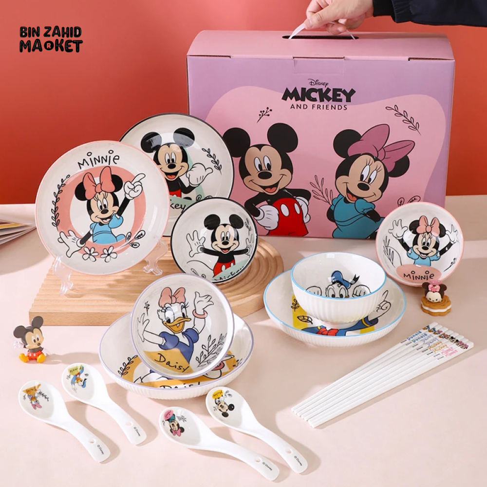 DISNEY 8-PIECS TABLEWARE GIFT SET — INCLUDES CUTE STRIPED BOWLS CHOPSTICKS & CERAMIC PLATES PERFECT FOR KIDS AND DISNEY LOVERS - DONALD DUCK & DAISY DUCK SET