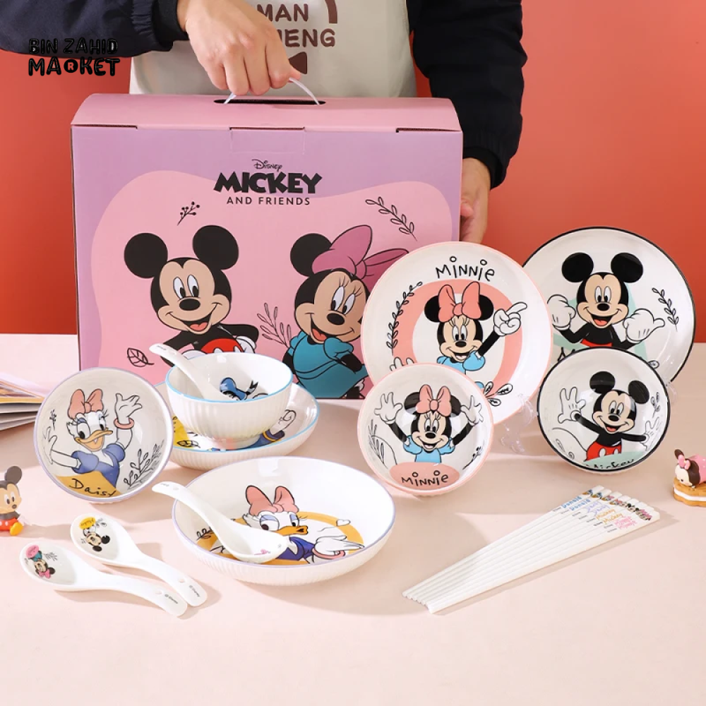 DISNEY 8-PIECS TABLEWARE GIFT SET — INCLUDES CUTE STRIPED BOWLS CHOPSTICKS & CERAMIC PLATES PERFECT FOR KIDS AND DISNEY LOVERS - DONALD DUCK & DAISY DUCK SET