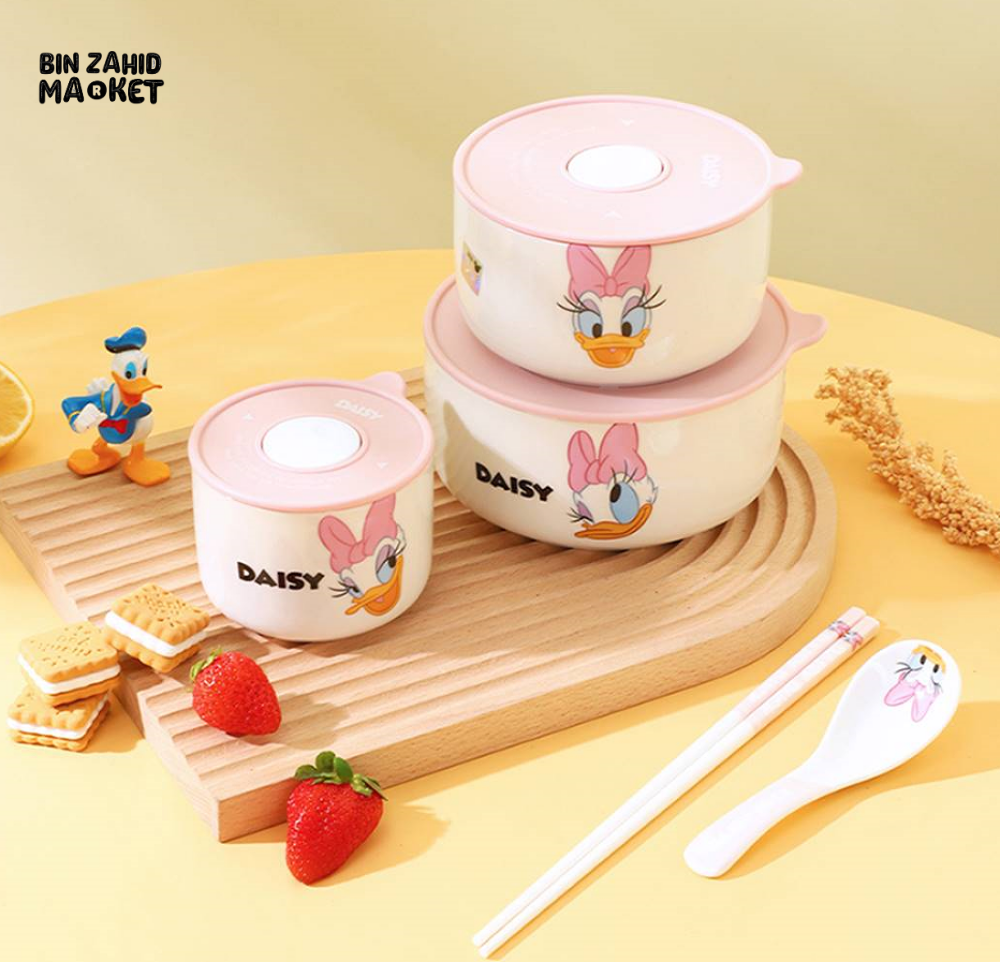 DISNEY MICKEY & FRIENDS AIRTIGHT CERAMIC STORAGE BOWLS SET WITH LIDS - DAISY