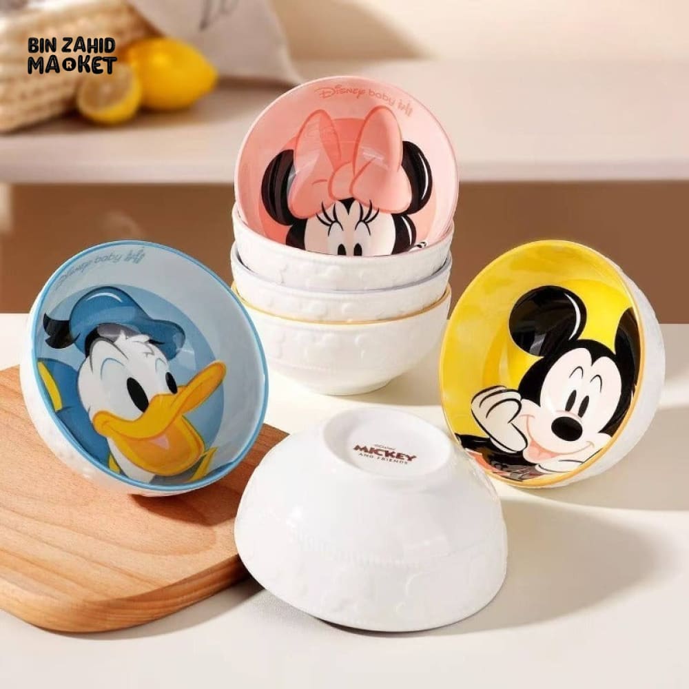 DISNEY MICKEY & FRIENDS EMBOSSED CERAMIC RICE BOWL SET 4 PIECES