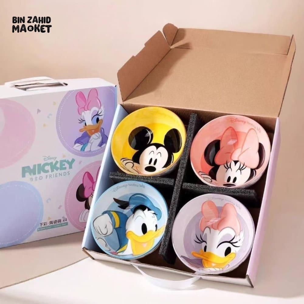 DISNEY MICKEY & FRIENDS EMBOSSED CERAMIC RICE BOWL SET 4 PIECES