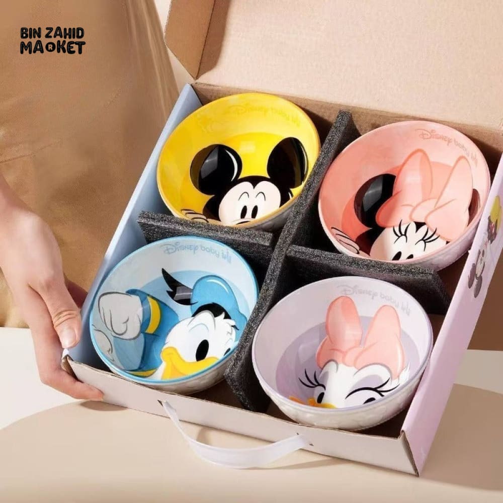 DISNEY MICKEY & FRIENDS EMBOSSED CERAMIC RICE BOWL SET 4 PIECES