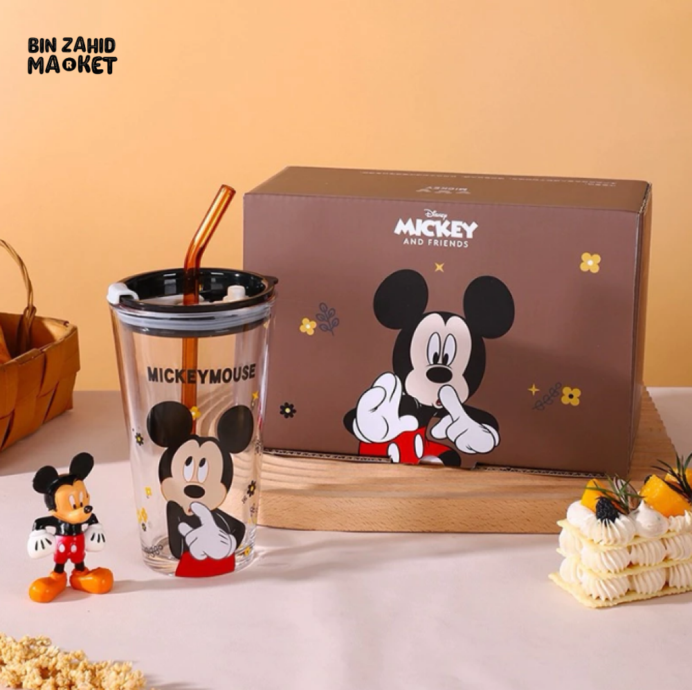DISNEY MICKEY & FRIENDS GLASS TUMBLER WITH LID & STRAW - MICKEY