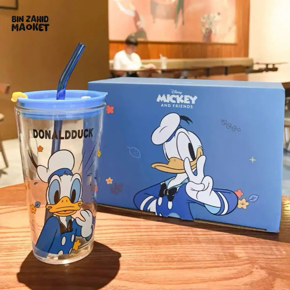 DISNEY MICKEY & FRIENDS GLASS TUMBLER WITH LID & STRAW - DONALD