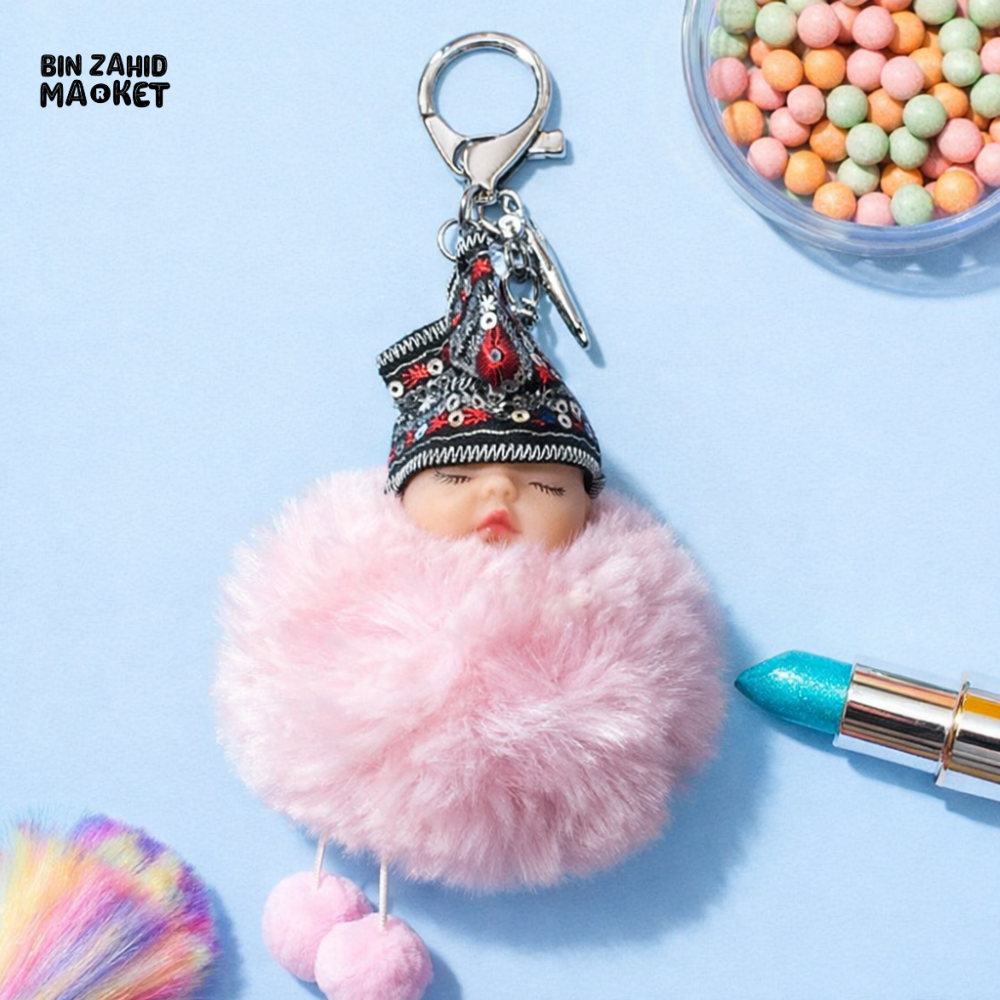 DOLL FACE POM-POM KEYCHAIN – CUTE BAG CHARM - Key Holders