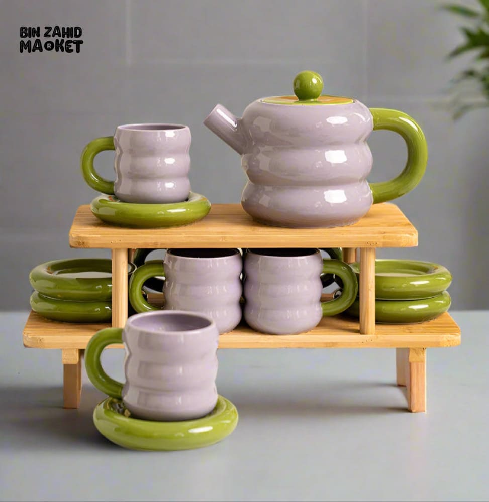 DONUT SERIES 13-PIECE CERAMIC TEA SET – ELEGANT GIFT BOX EDITION - YELLOW GREEN