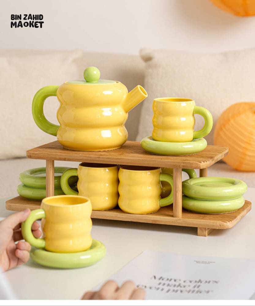 DONUT SERIES 13-PIECE CERAMIC TEA SET – ELEGANT GIFT BOX EDITION - YELLOW GREEN