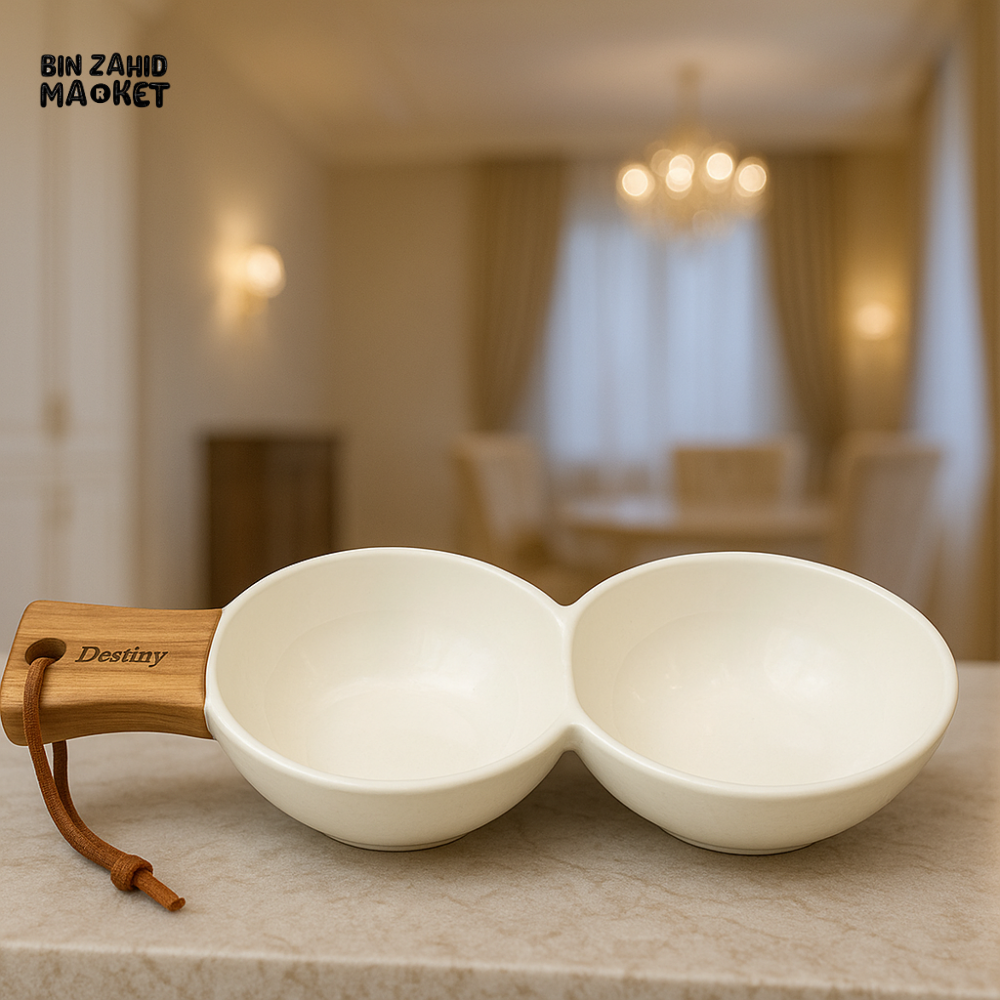 DOUBLE BOWL CERAMIC SERVING DISH WITH WOODEN HANDLE – LUXURY SNACK SERVER FOR VILLA DINING & KITCHEN DECOR
