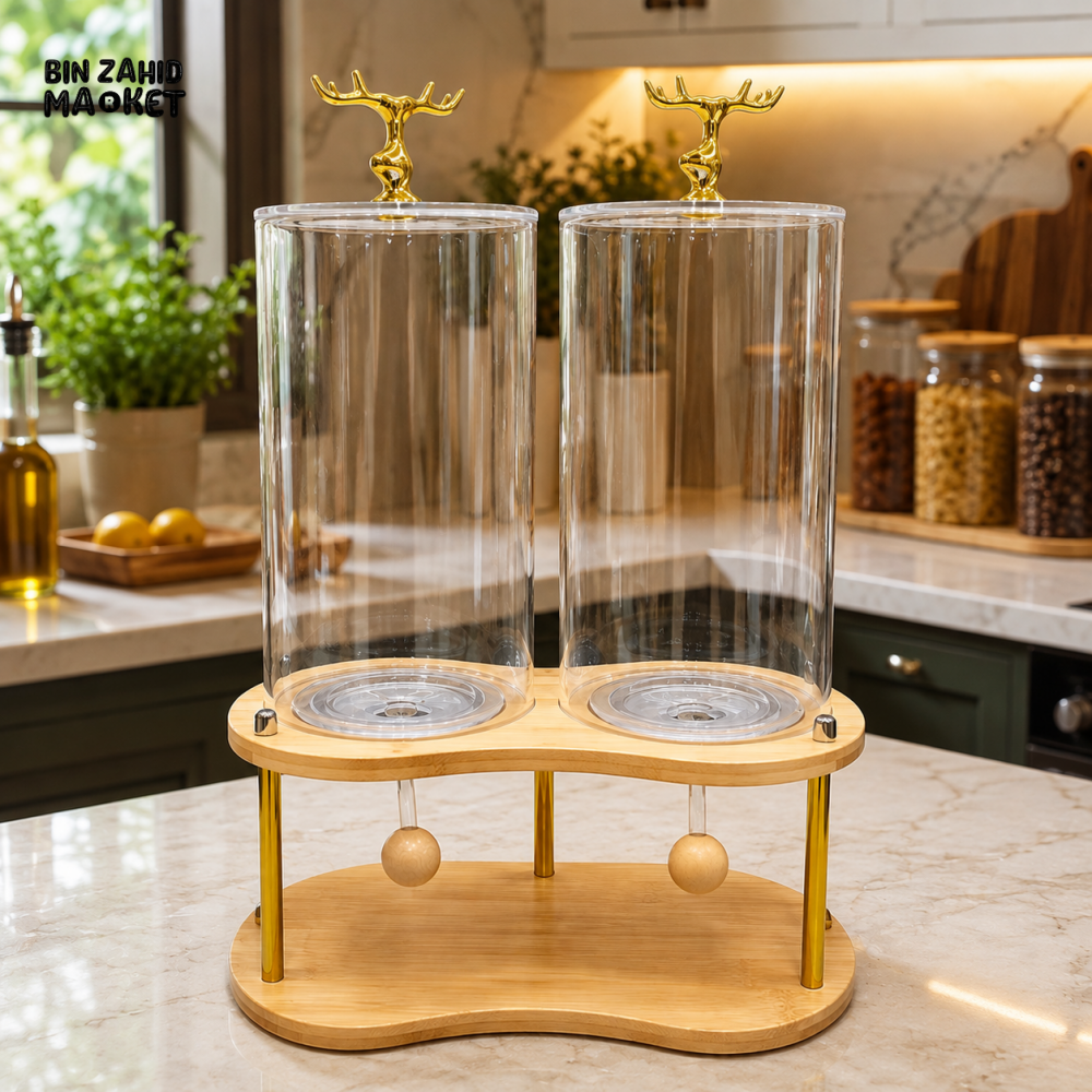 DOUBLE CEREAL AND DRY FOOD DISPENSER WITH BAMBOO STAND