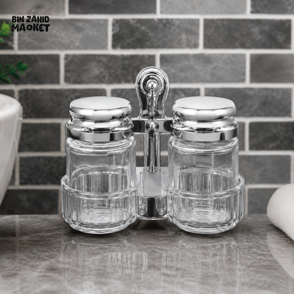 DOUBLE GLASS CONDIMENT JAR SET WITH METAL STAND - Condiment Sets