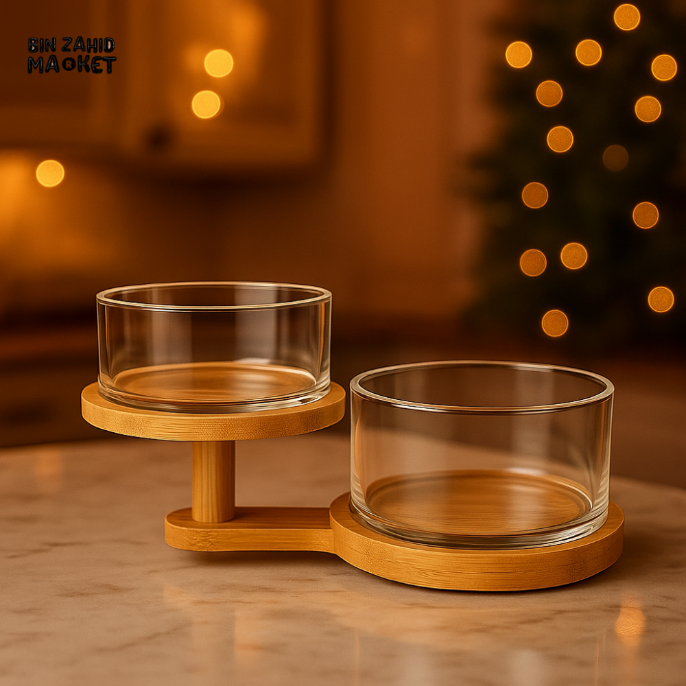 DOUBLE GLASS SNACK BOWL SET WITH BAMBOO TRAY – ELEGANT SERVING BOWLS FOR DRY FRUITS CANDY & CONDIMENTS