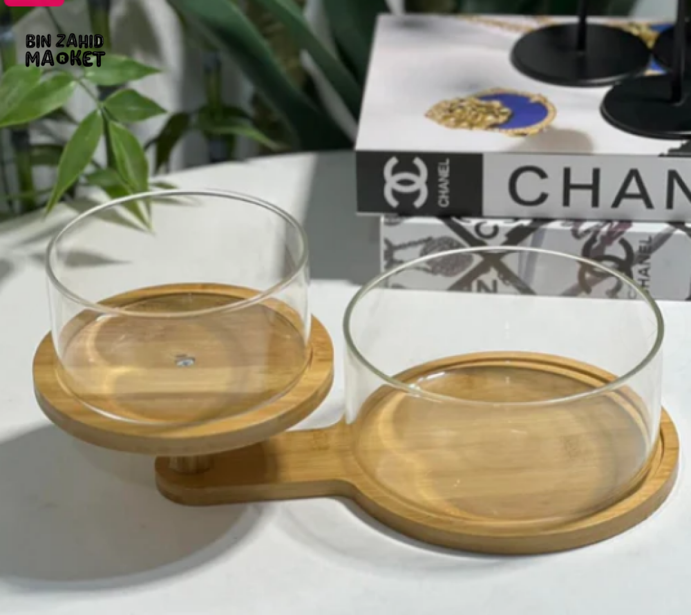 DOUBLE GLASS SNACK BOWL SET WITH BAMBOO TRAY – ELEGANT SERVING BOWLS FOR DRY FRUITS CANDY & CONDIMENTS