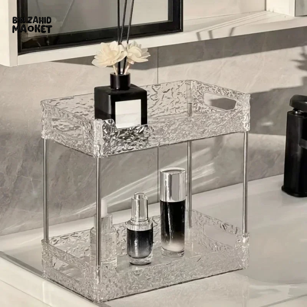 DOUBLE-LAYER ACRYLIC BATHROOM SHELF – TRANSPARENT SHOWER & MAKEUP ORGANIZER