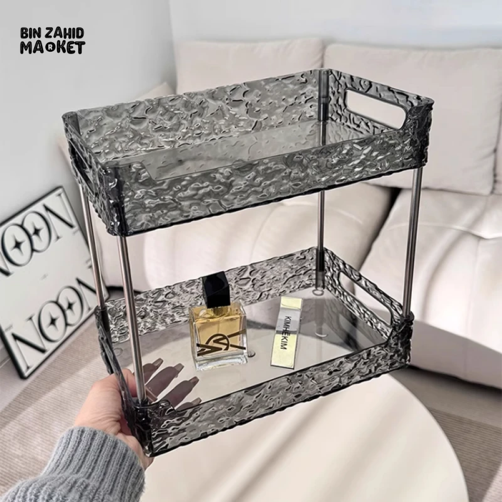 DOUBLE-LAYER ACRYLIC BATHROOM SHELF – TRANSPARENT SHOWER & MAKEUP ORGANIZER
