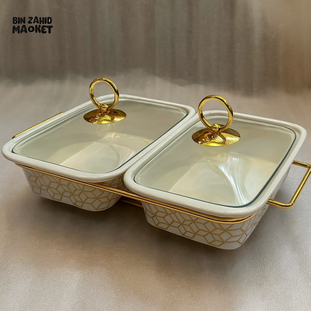DOUBLE RECTANGULAR CERAMIC SERVING DISH WITH GLASS LIDS & GOLD STAND 12CM