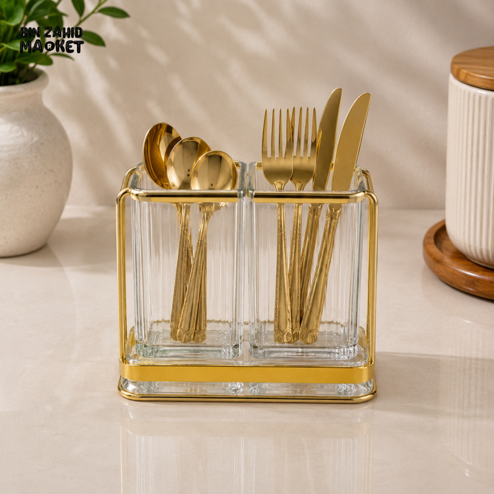 DOUBLE SPOON AND CUTLERY HOLDER WITH GOLD METAL FRAME