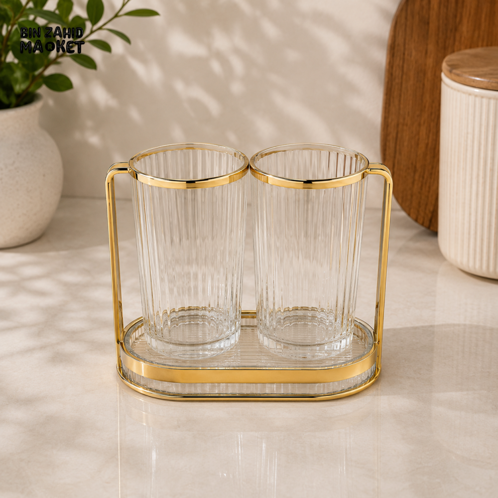 DOUBLE SPOON AND CUTLERY HOLDER WITH GOLD METAL STAND